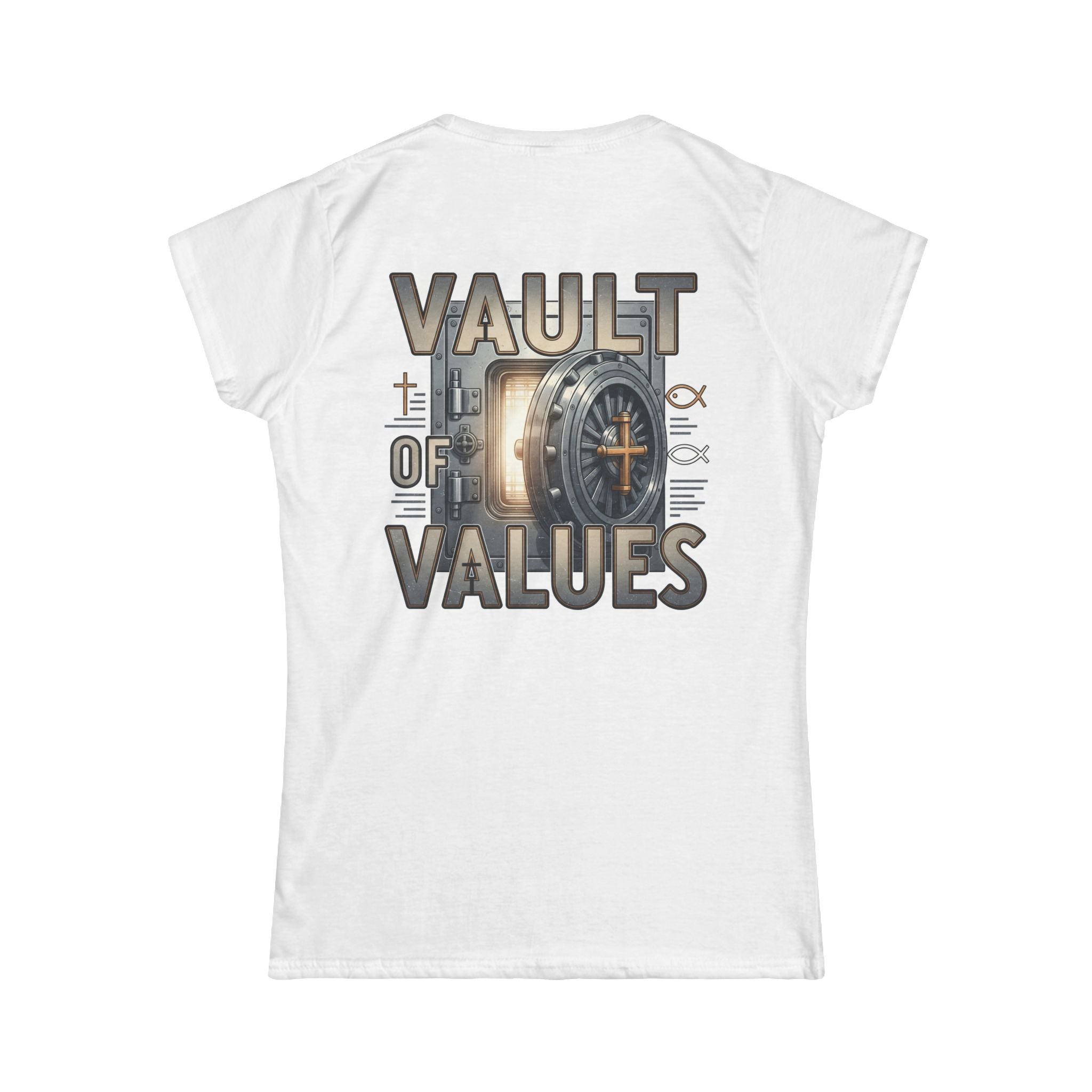 White t-shirt with 'Vault of Values' graphic design on a white background